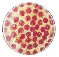color photo image of whole pepperoni pizza as 2.5" round metal pinback button