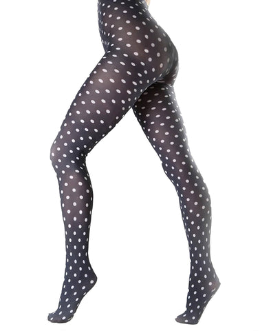 opaque tights in classic black & white polka dot print, shown on model