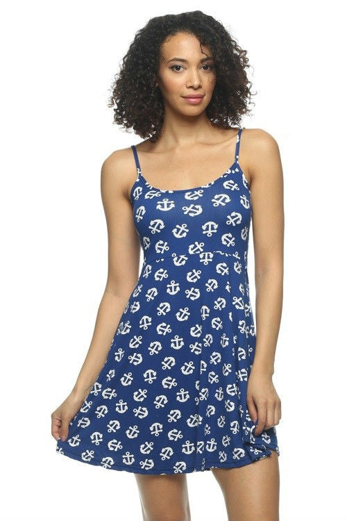Blue & White anchor print knit flared mini dress with spaghetti straps, shown on model