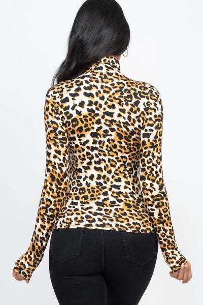 Leopard Print Mock Turtleneck Long Sleeve Top