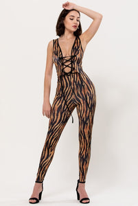 sleeveless stretch knit tiger print catsuit plunging lace-up front bodice, shown on model