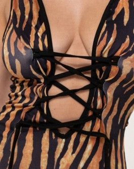 Tiger Print Lace-up Catsuit