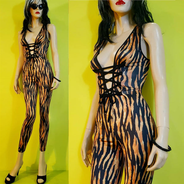 Tiger Print Lace-up Catsuit