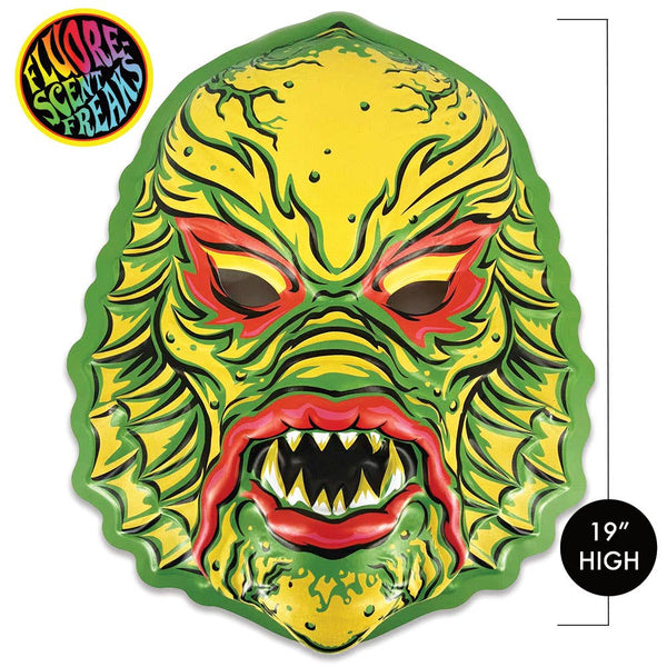 Ghoulsville Flourescent Freaks "Shocking Shade Fish Face" vacu-form plastic wall decor mask in vibrant blacklight-reactive ghoulish greens and bloody bright red