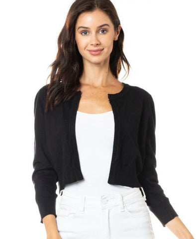 3/4 sleeve open front "Bolero" cropped cardigan sweater in basic black, featuring hook & eye closures at the neck, shown on model