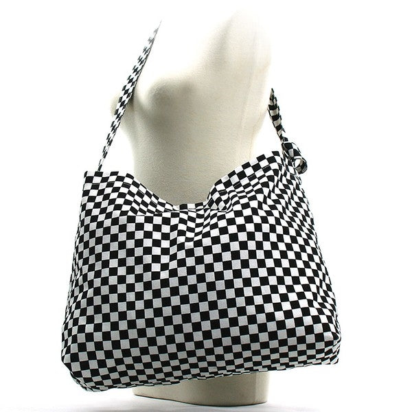 canvas shoulder strap tote bag in black & white checker print
