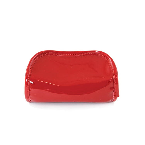 6.5" wide grinning mouth shaped patent vinyl novelty coin purse with interior red faux suede foldable "tongue" zip closure pouch, shown back view