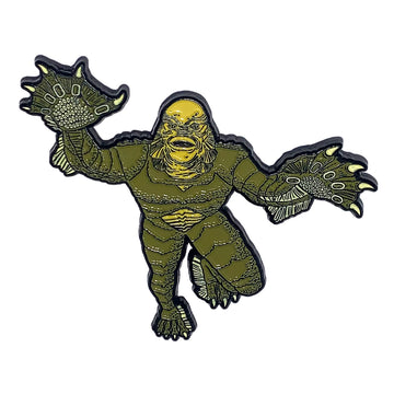 Green enameled black metal clutch-back pin depicting the Creature From The Black Lagoon from the classic 1954 movie swimming toward you.