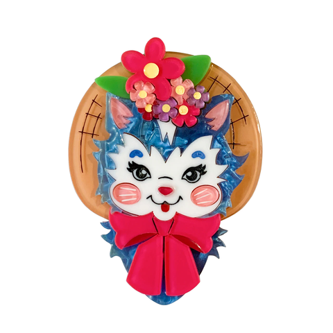 "Cottagecore Kitty" vintage greeting card inspired layered laser cut resin kitty cat in a flower decorated hat brooch