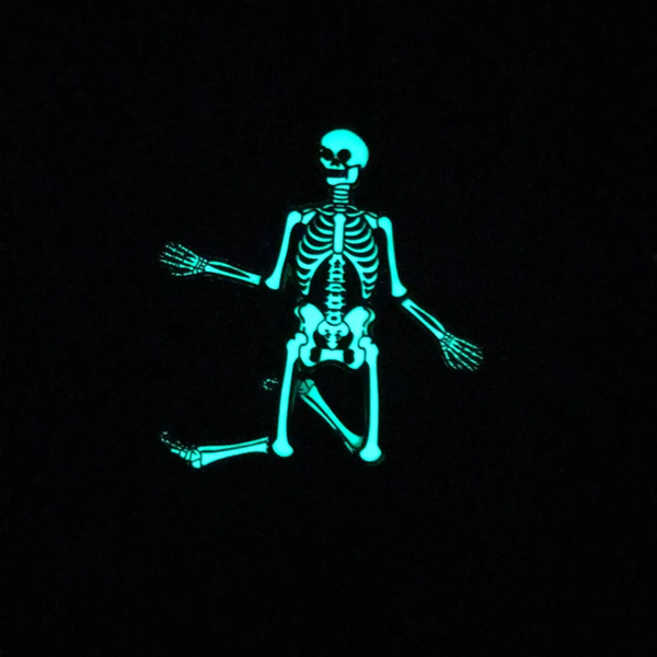 shiny gunmetal and glow-in-the-dark white enamel skeleton lapel pin with moving elbow and knee joints, shown glowing