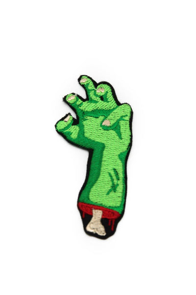 green zombie hand with red blood and exposed white armbone embroidered patch