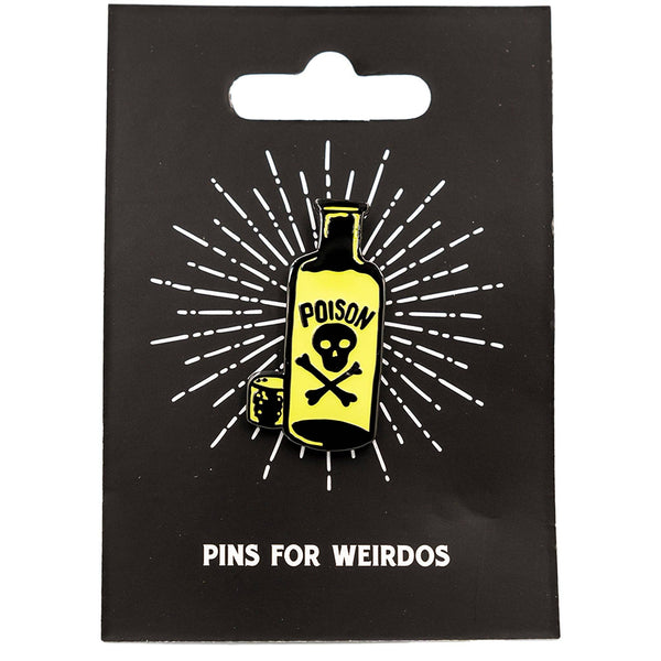 Glow-in-the-dark yellow green skull & crossbones labeled poison bottle shaped enameled black metal pin, shown on illustrated backer card packaging