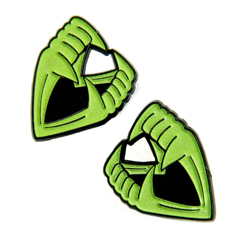 Halloween novelty "Vampire Teeth" in green glow-in-the-dark enamel on black metal clutch-back pin set