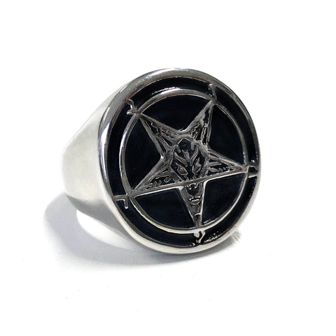 solid stainless steel signet-style ring featuring 7/8" round Baphomet symbol with black background
