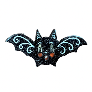 "Batty" little glitter black rosy cheeked bat layered laser cut resin hair clip