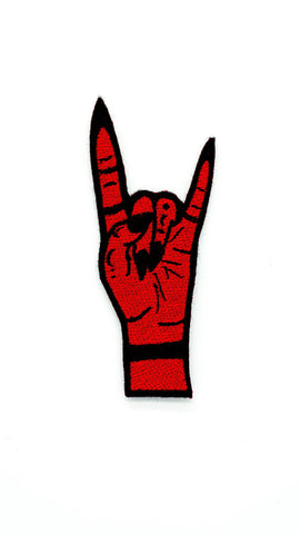 red & black "Devil Horns" hand embroidered patch
