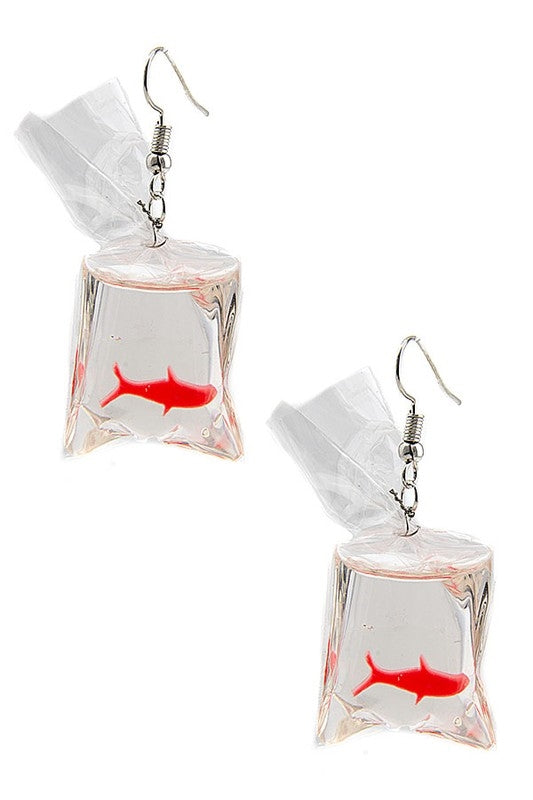 pair clear plastic resin-filled bag dangle earrings with tiny plastic goldfish inside
