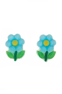 pair 1/2" blue & yellow resin flower with leaves post earrings