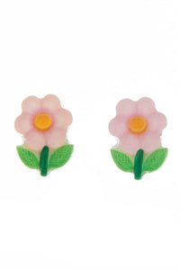 pair 1/2" pink & yellow resin flower with leaves post earrings