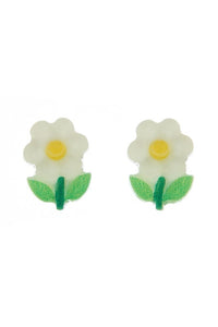 pair 1/2" white & yellow resin flower with leaves post earrings