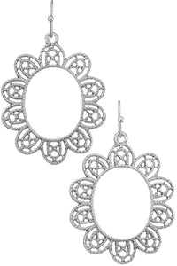 pair 1.75" textured silver metal open design flower motif oval-shaped dangle hoop earrings