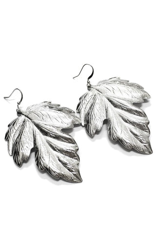 Large silver tone grape leaf style dangle earrings with a fishhook style clasp