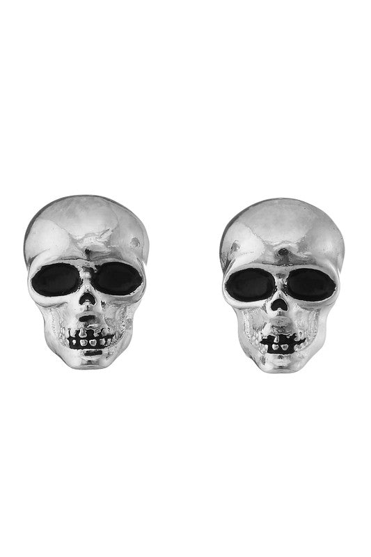 pair 3/8" shiny silver metal skull post earrings with black enamel eye sockets