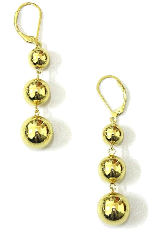 pair graduated shiny metallic gold 3 ball 1 1/2" dangle earrings with secure lever-back hooks