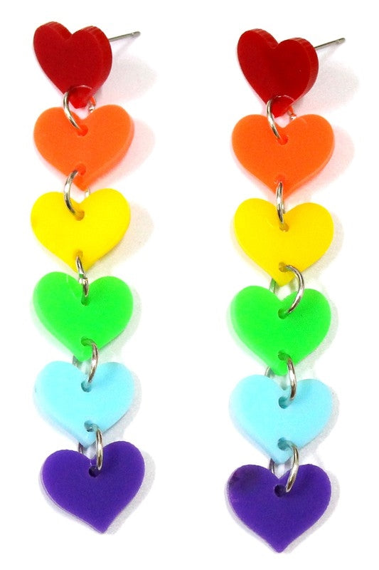 pair six color laser cut acrylic linked rainbow hearts dangle earrings