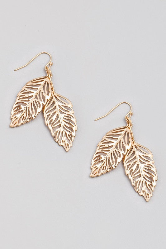 pair shiny gold metal ovate leaves dangle earrings