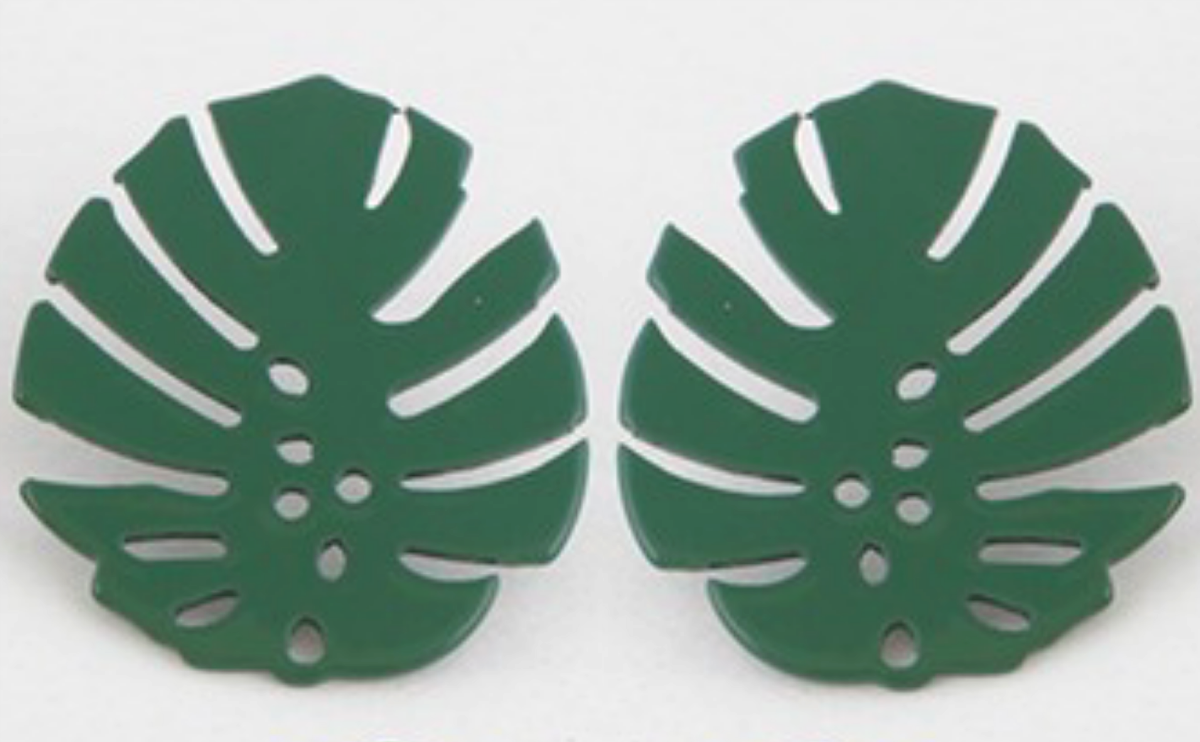 pair 1 1/8" laser cut green painted metal tropical monstera leaf post earrings