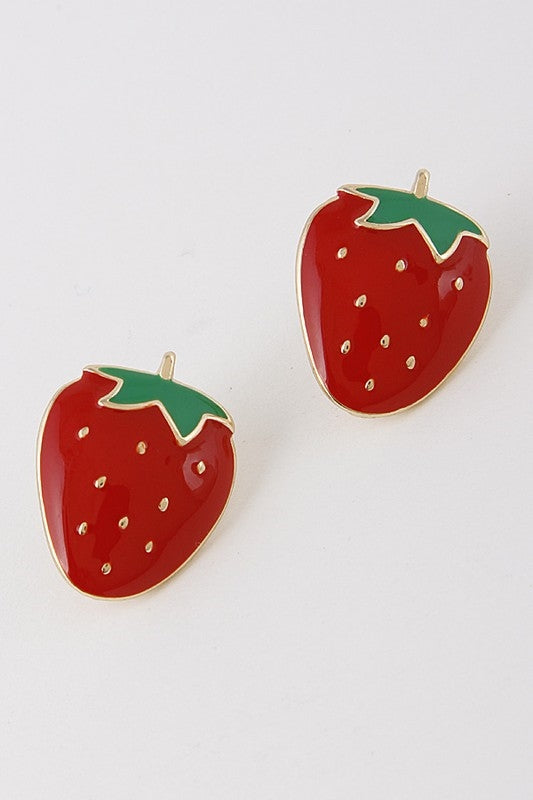 pair 1" shiny enameled gold metal red and green strawberry post earrings