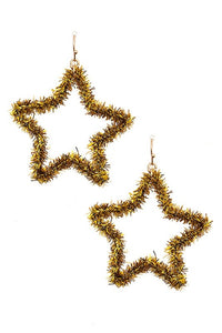 pair 2" shiny metallic gold tinsel star-shaped dangle earrings