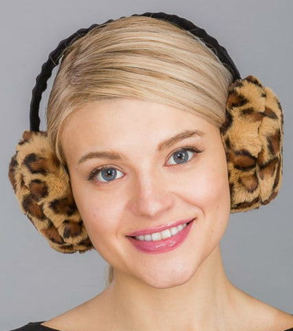 fuzzy faux fur tan and black leopard print earmuffs with black velvet covered adjustable band, shown on model