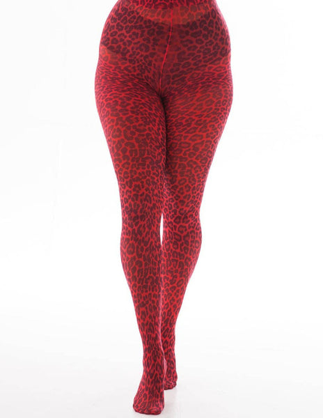 vibrant red leopard print opaque tights, shown on model