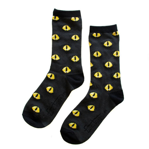pair grey, black, and yellow cat eye print crew socks