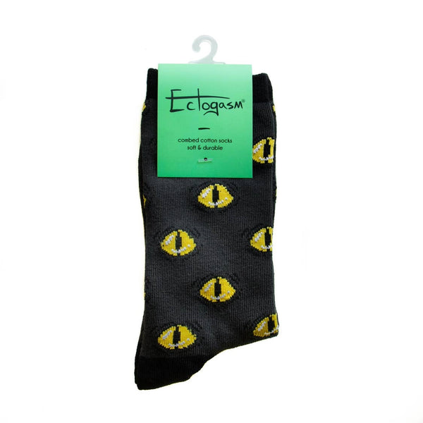 pair grey, black, and yellow cat eye print crew socks, shown the Ectogasm branded packaging