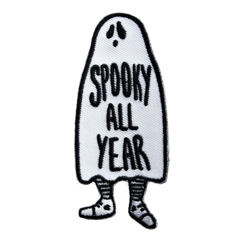 "Spooky All Year" message black stitching on white canvas ghost 2" x 3 3/8" embroidered patch