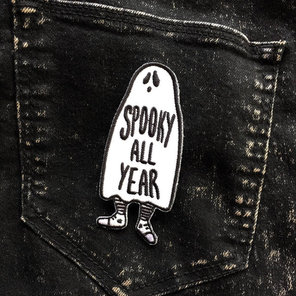 "Spooky All Year" message black stitching on white canvas ghost 2" x 3 3/8" embroidered patch