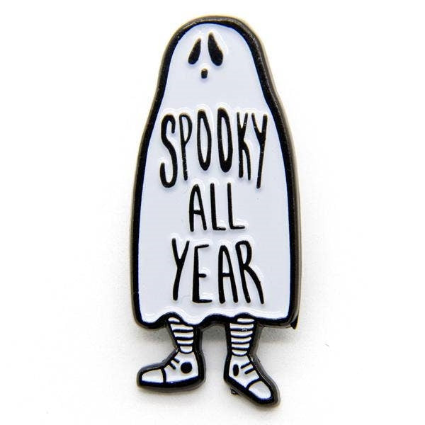 "Spooky All Year" message black & white ghost kid 5/8" x 1 1/2" soft enamel clutch-back pin