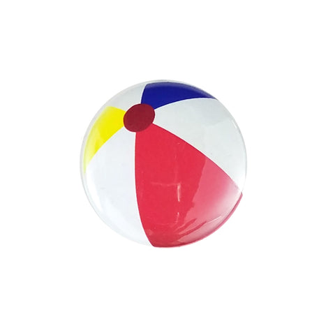 This 1.5" round Beach Ball button features a photo of a classic red, white, yellow and blue beach ball