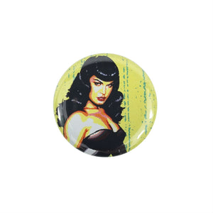 Bettie Page in black bustier illustrated image 1.25" round metal pinback button