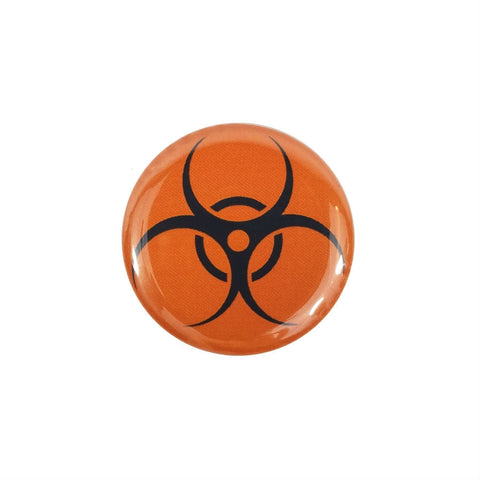 black on orange 1.5" round biohazard symbol metal pinback button