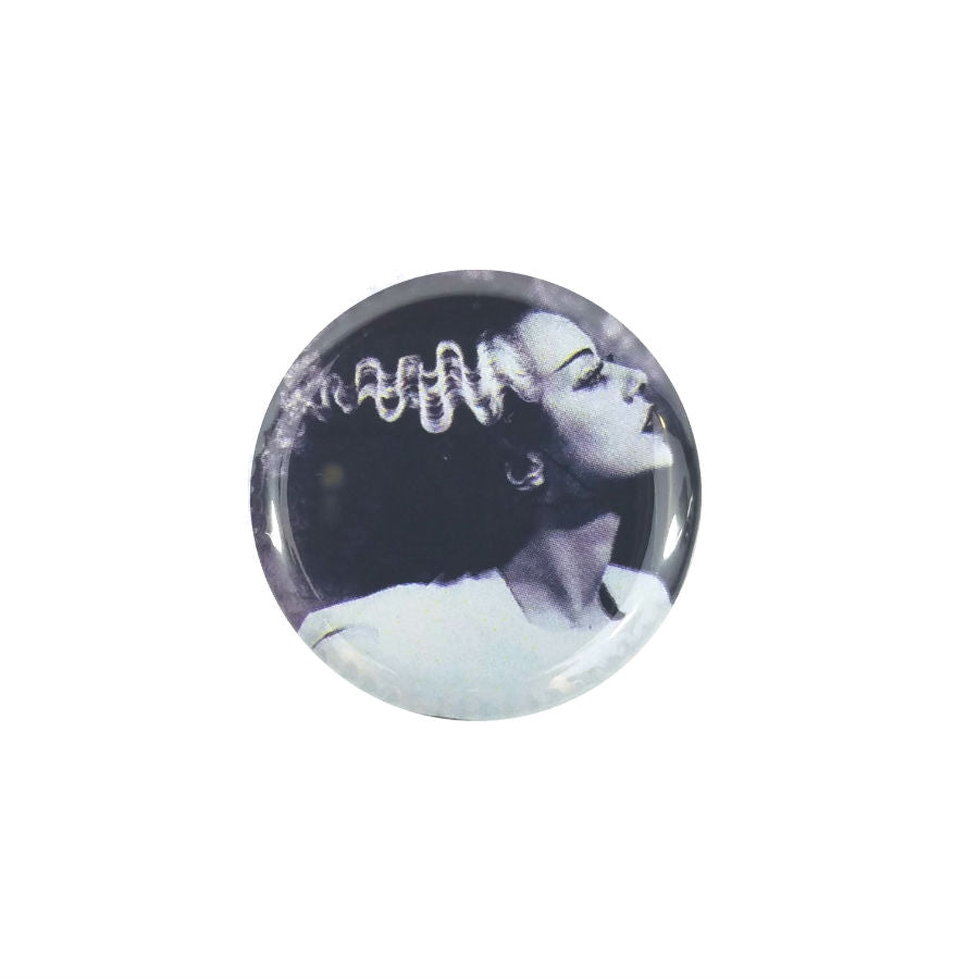 black and white photo profile portrait of Elsa Lanchester as the Bride of Frankenstein on 1.5" metal pinback button