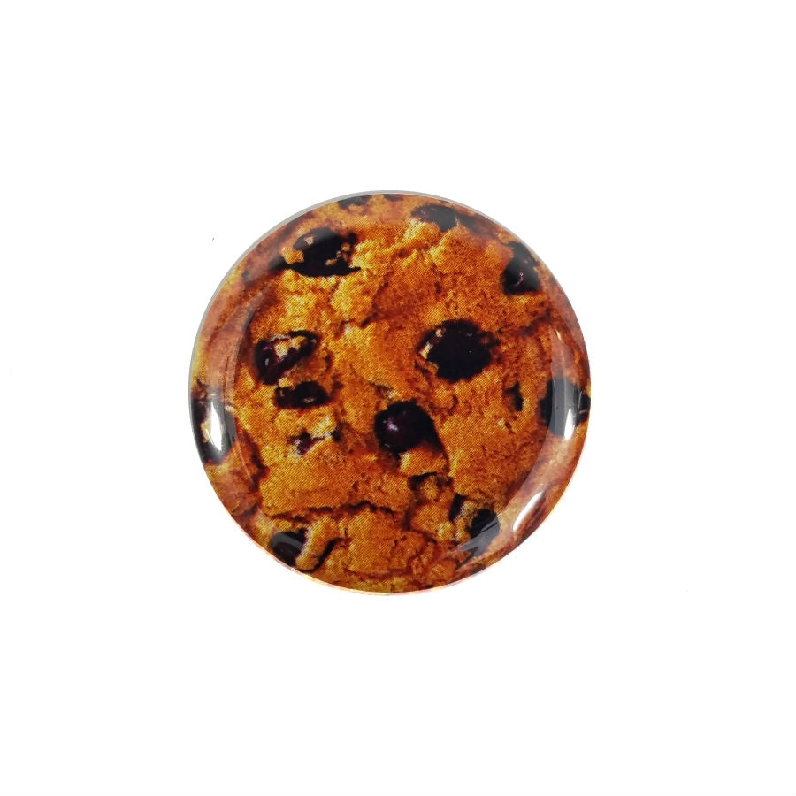 color photo image of whole chocolate chip cookie as 1.5" round metal pinback button