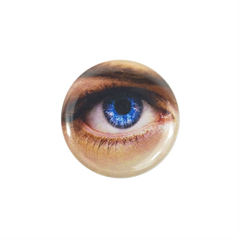 photo close-up of blue irised eye 1.5" round metal pinback button