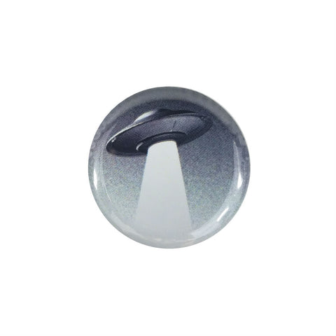 black and white image of classic 50s flying saucer with tractor beam on 1.5" round metal pinback button