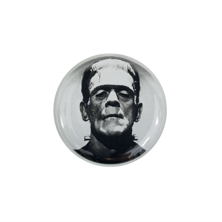black and white photo image of Boris Karloff in his most famous role as Frankenstein's Monster on a 1.5" round metal pinback button