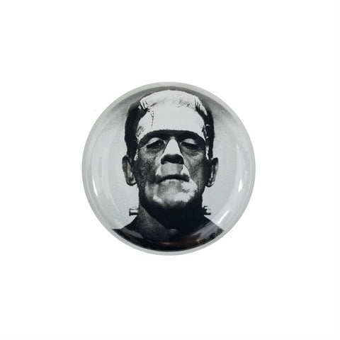 black and white photo image of Boris Karloff in his most famous role as Frankenstein's Monster on a 1.5" round metal pinback button