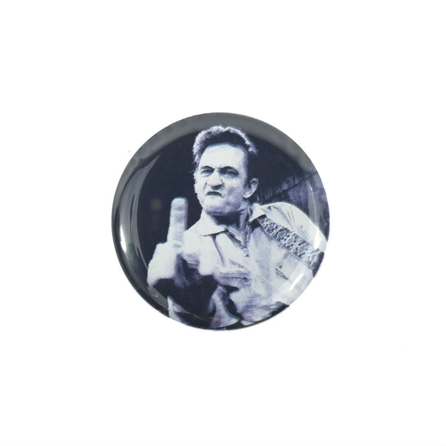 black and white photo image of Johnny Cash giving the finger on 1.5" round metal pinback button
